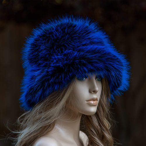 Blue black faux fur bucket hat