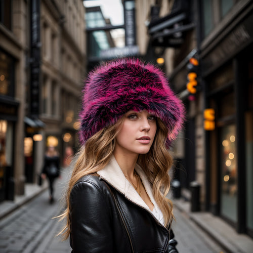 Burgundy black faux fur bucket hat