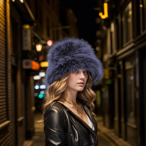 Gray black faux fur bucket hat