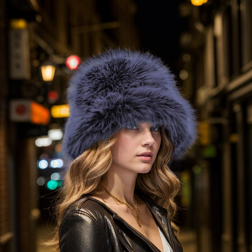 Gray black faux fur bucket hat