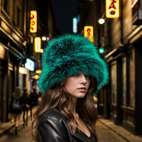 Green black faux fur bucket hat